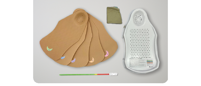 Base plástica, cinco camadas de espuma, fita de medição e cobertura do POSI Baby